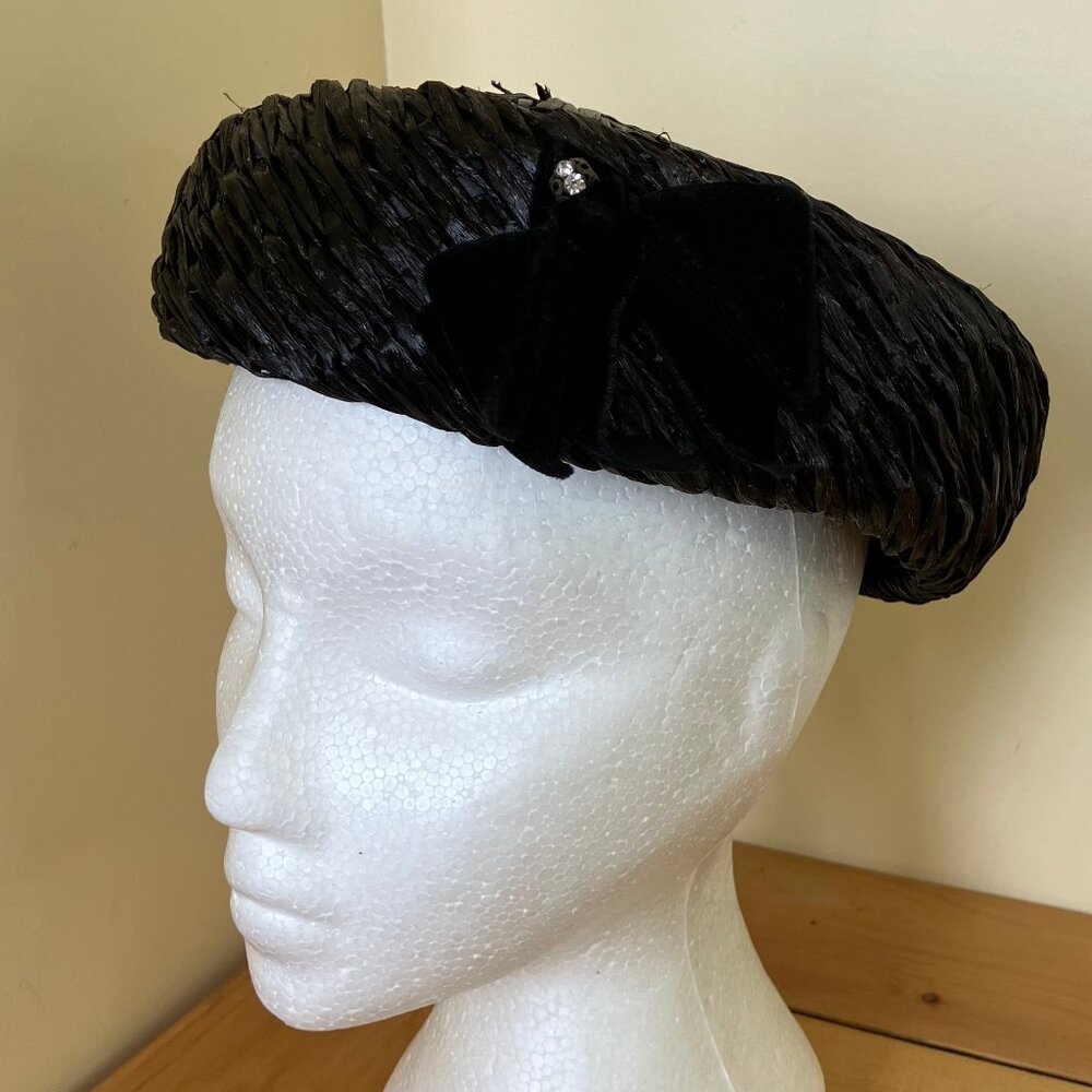 Black Raffia Pillbox Hat with Velvet Ribbon Vintage 1960s Women's Fashion Hat